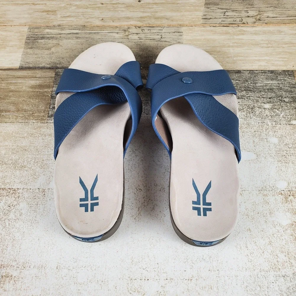 Kuru Breeze Womens Slide Sandals Sz 9 W Mineral Blue Faded Brown Leather Slip On